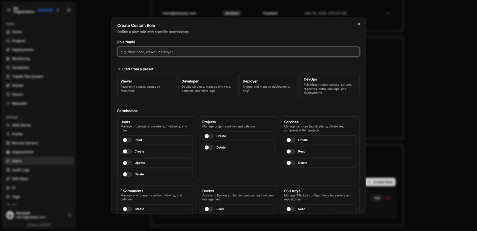 Create Custom Role modal with permission presets and granular toggles