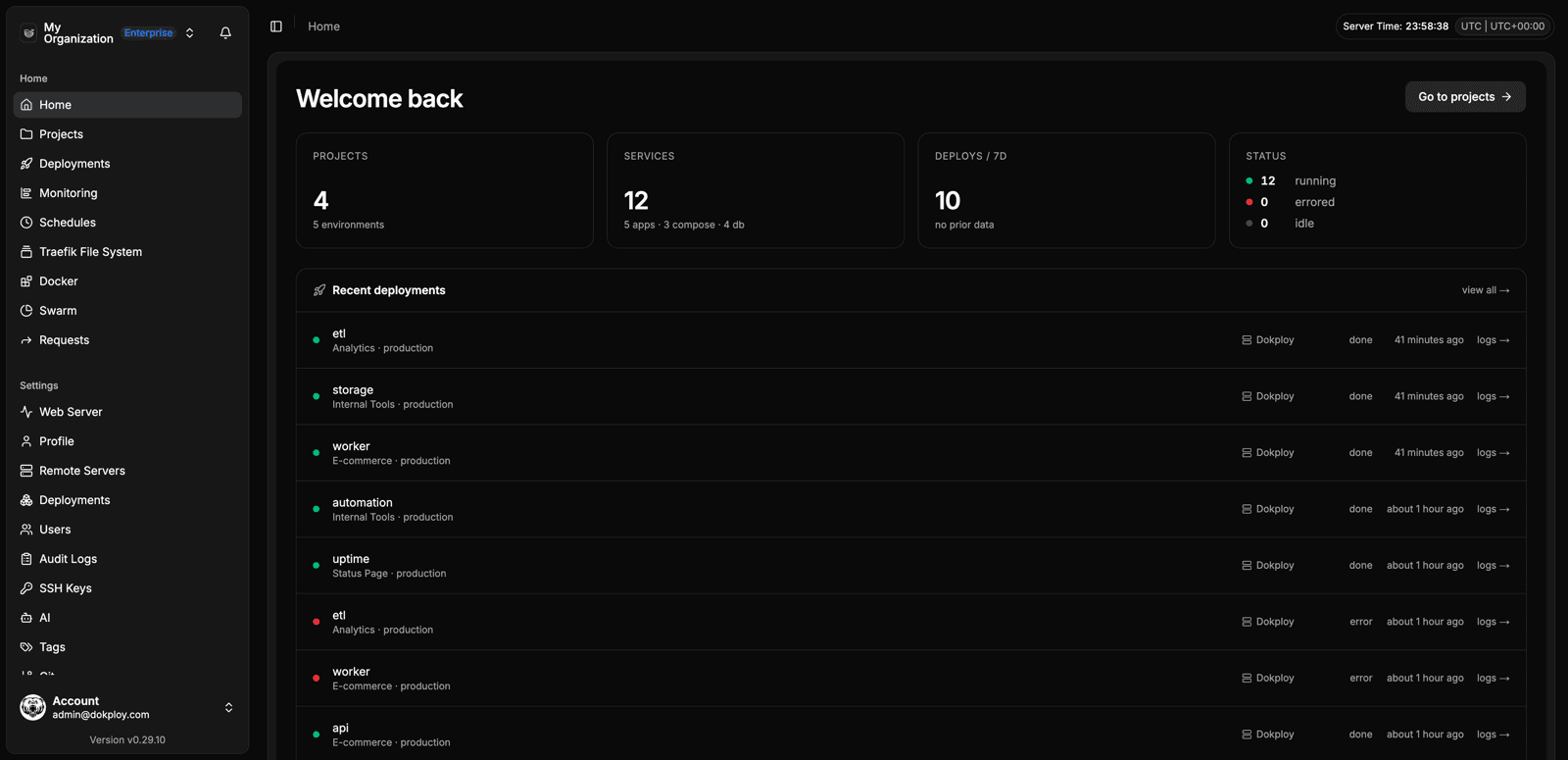 Dokploy home dashboard with projects, services and recent deployments