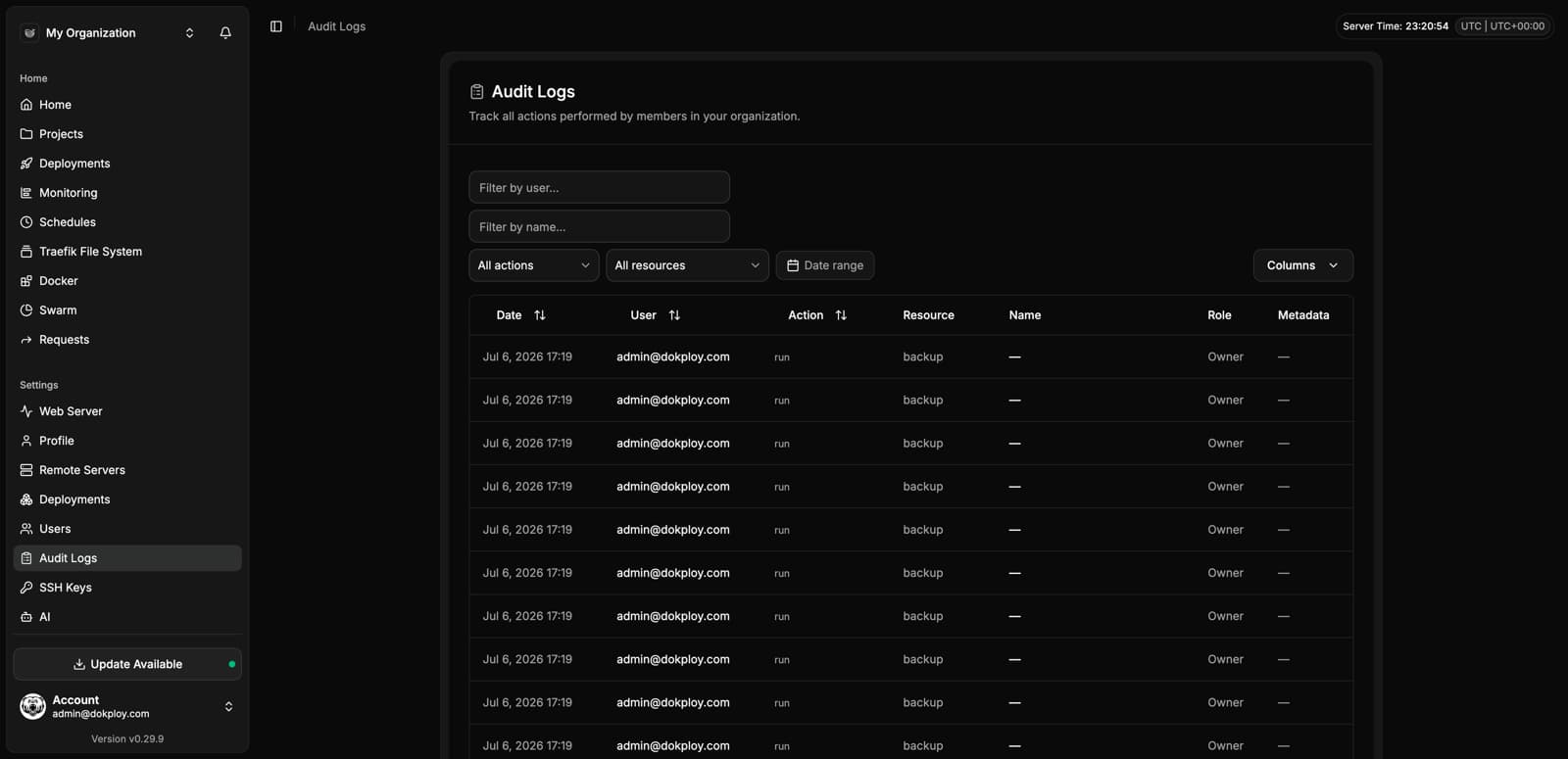 Audit Logs with filterable table of all actions