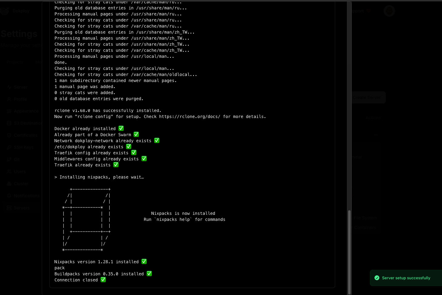 Server setup output